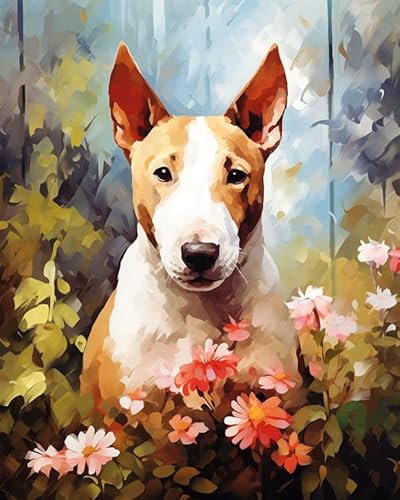 Malen nach Zahlen Erwachsene, Bullterrier-Hund im Garten 40 x 50cm DIY Handgemalt Ölgemälde Kits auf Leinwand Geschenk für Weihnachten Geburtstag, Home Haus Deko
