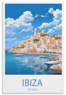 KLYCHF Ibiza Spanien Vintage Reiseposter Landschaft 20 x 30 cm Wandkunstdruck Leinwandkunstposter Moderne Familienschlafzimmer-Dekoration Poster