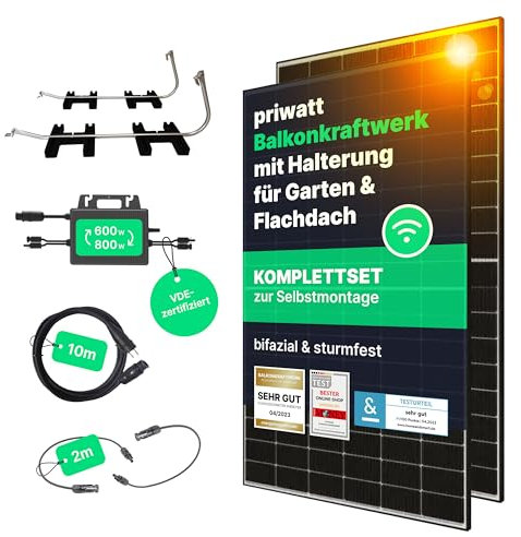 priwatt® Balkonkraftwerk Duo für Garten & Flachdach [890 Wp] - Solaranlage Komplettset zur Selbstmontage - 2 bifaziale Solarmodule mit TSUN Wechselrichter, Halterung & Zubehör