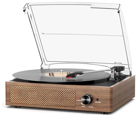 Tocadiscos Vinilo, Reproductor de Vinilo Tocadiscos Vintage Bluetooth con Altavoces Incorporadas, 3 Velocidades 33/45/78 RPM, Salida RCA/Aux in, Giradiscos de Vinilo Madera Color