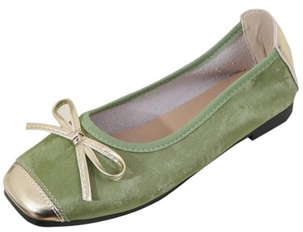 Chaussures de ballet pour femme – Chaussures de ballet antidérapantes à bout carré, chaussures de couleur unie, chaussures plates confortables et confortables avec nœud papillon, Vert, 39 EU