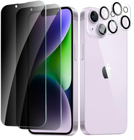 CYYAGE 2 Pack Privacy Screen Protector for iPhone 14 with 2 Pack Camera Lens Protective Film, Anti-Spy Tempered Glass Protection 9H Hardness Glass, Anti-Scratch