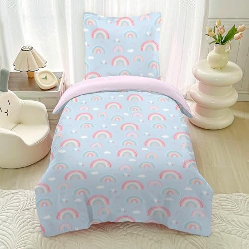 HOMHOMHA Regenbogen BettwäSche 135x200 Kinder MäDchen Bettdecken Set 135x200cm Kissenbezug 80×80cm WendebettwäSche (Blau 2pc)
