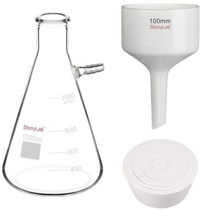 stonylab Porcelain Buchner Funnel and Filter Flask Set, 100 mm Porcelain Funnel, 1L Heavy Duty Glass Filter Flask, and Filter Adapter Cones for Laboratory Filtration and Separation