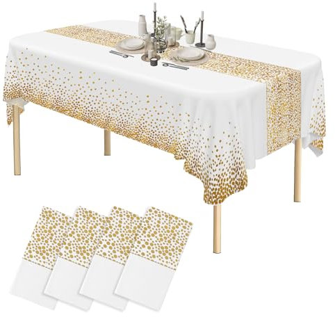 PUWOWYE Einweg Tischdecke, 4 Stück Tischdecke Hochzeit 137 x 274 cm, Wasserdicht Geburtstag Tischdecken, Party Tischdecke Rechteckig füR Jede Feier, Catering, Hochzeit, Geburtstag, Weiß & Gold