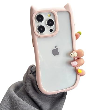 Emlivi Case for iPhone 16, Cute Transparent Mobile Phone Case, Crystal Clear Case with 3D Cartoon Cat Ears Design Protective Case Soft Silicone TPU Bumper Cover Kitty Case for iPhone 16, Pink