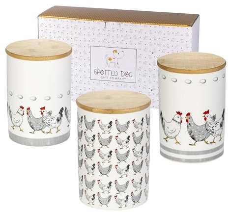 SPOTTED DOG GIFT COMPANY Kitchen Canister Set 3pc, Ceramic Kitchen Storage Jars with Lids Airtight, Tea Sugar Coffee Containers Canisters Jars Chicken Themed