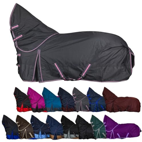 RL24 - Weidedecke Full Neck Basicline 600D Nylonfutter m. Füllung – Pferde Winterdecke – wasserdichte Outdoordecke m. Kreuzbegurtung – Pferdedecke in Graphit/Koralle – Größe 135cm (100g/m²)