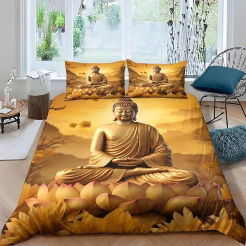 Bettwäsche Set 3D, Erwachsene Jugendliche 3 Teilig Bettbezug & 2 Kissenbezüge 80X80Cm Buddha-Statue Drucken Mikrofaser Hypoallergen Atmungsaktive Haltbar 135X200 cm - Bequem Und Atmungsakt -905R036E9