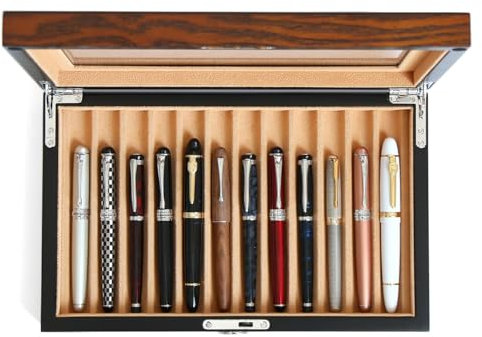 Besforu Wooden Pen Display Case – 12 Slot Lockable Fountain Pen Storage Box, Brown Collectors Display with Glass Top, Gift for Men