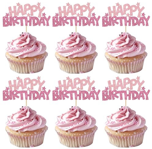 Xsstarmi 24 Pack Happy Birthday Theme Cupcake Toppers Pink Glitter Star Boys Girls Princess Birthday Theme Cupcake Picks Decoration for Baby Shower Happy Birthday Party Cake Decorations