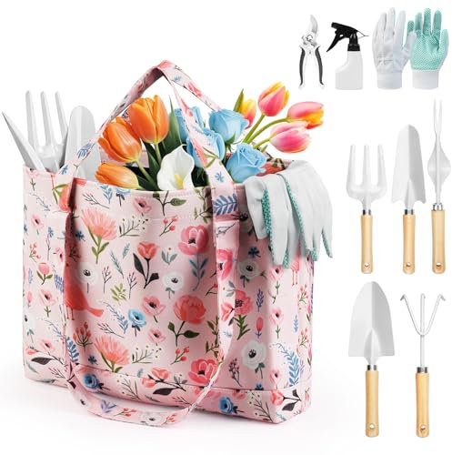 Grenebo Gartengeräte, 10-teiliges Gartengeräte-Geschenkset für Frauen, rostfreie und strapazierfähige Werkzeuge mit floraler Organizer-Tasche, Geschenk für Gartenfrauen (Rosa Weiß)