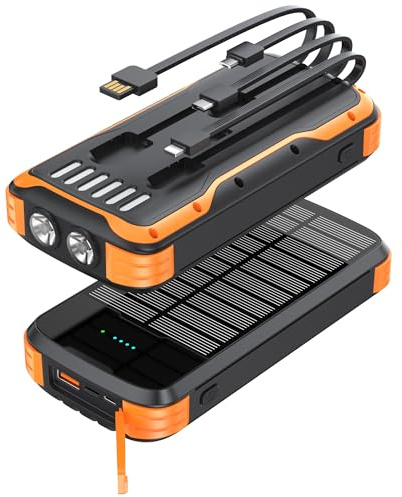 MINRISE Solar Power Bank 40000 mAh, caricatore portatile PD 20 W ricarica rapida caricabatterie solare Power Bank integrato in 4 cavi e USB-C in/output, batteria esterna da campeggio con torce