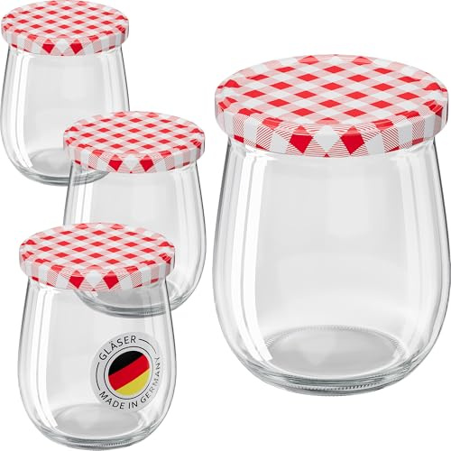WELLGRO 50x Einmachgläser mit Schraubdeckel - 417ml - Deckel To 82 rot kariert - Made in Germany - Vorratsgläser mit Deckel, Gärglas, Dessertgläser