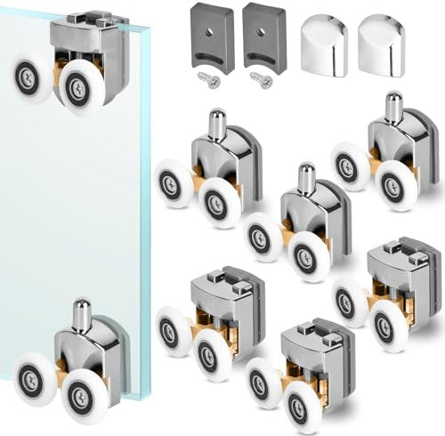 Curved Shower Door Rollers, 8 Pieces Shower Door Wheels for Curved Sliding Door, Bathroom Shower Screen Roller Door Runners, Fits 4-6mm Glass,with Anti-Collision Block