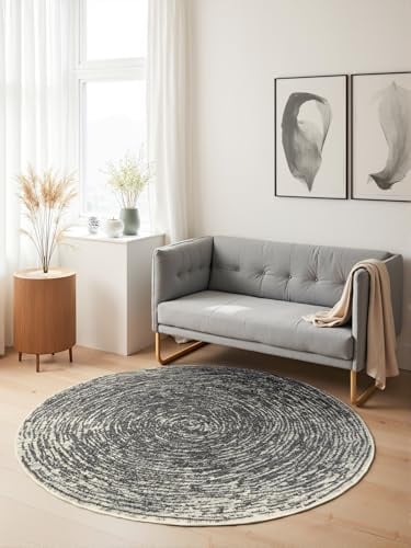 Hanse Home Cavallo Kurzflor Teppich Rund – Moderner Wohnzimmerteppich, Weicher Kurzflor und Abstraktes Design für Wohnzimmer, Schlafzimmer, Esszimmer, Flur – Creme Grau, Ø120cm