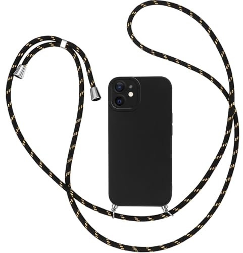 Knrlqim Coque avec Cordon pour Apple iPhone 12,Protection Antichoc Collier Lanière,Étui Housse Portable Lanyard Case pour iPhone 12 6.1 Arrière Givrée Anti-Traces de Doigts,Or Noir