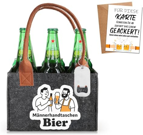 NEONSKY Witzige Ruhestandsgeschenk – Bier-Handtasche für Männer mit Flaschenöffner & Grußkarte – Biertasche aus hochwertigem Filz für 6 Bierflaschen – Geschenk für Kollegen, Freunde & Männer