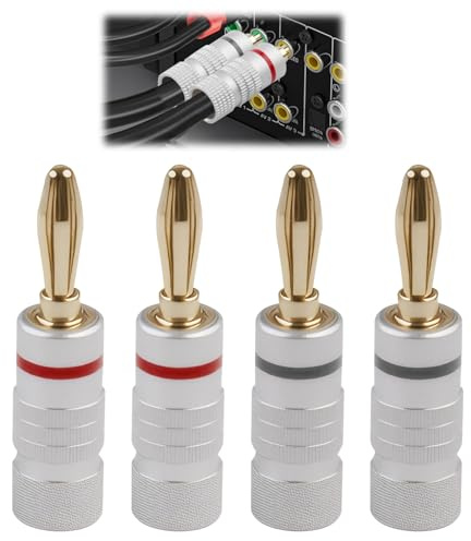 Quwem 2 Pairs 24k Gold Plated Banana Plugs Speaker, 4mm Banana Plug Speaker Connectors with Secure Screw Connection for Speaker Wire Amplifier Hi-Fi AV Receiver Home Theater and Sound Systems