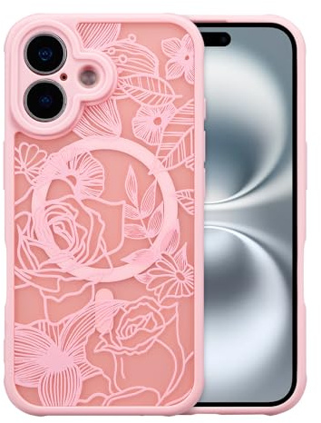 XIZYO Magnetic Rose Flower Case for iPhone 17 6.3 Inch, Pink | Compatible with MagSafe, Cute Aesthetic Rose Floral Pattern, Translucent Frosted Touch, Girly Design, Shockproof Anti-Yellow