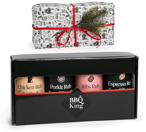 BBQ KING - Confezione Regalo Natale Rub BBQ, Ribs Rub 215 g, Chicken Rub 215 g, Espresso Rub 220 g, Porkit Rub 220 g, Spezie 100% Made in Italy, Ideale per Amanti del Barbecue, Con Addobbi Natalizi