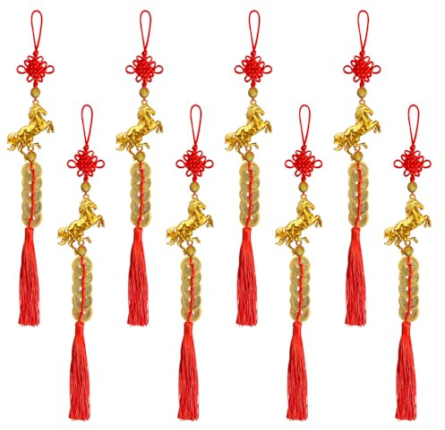 Chinesische Neujahrsdekoration 2026 Jahr des Pferdes, Chinesischen Neujahr Dekoration Knoten, Frühlingsfest Metall Pferde Anhänger mit Roten Quasten für Feng Shui (8 Stück)