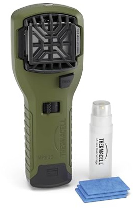 Thermacell MR300GI Mückenschutz-Handgerät, PT19 - Mückenabwehr mit Zitroneneukalyptusöl - 15 m² Schutzzone - Garten Terrasse Camping Angeln - Inkl. 1x Gaskartusche & 3X Plättchen (12h) - olivgrün