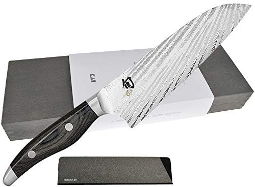 KAI Shun Nagare Messer Santoku Kochmesser Brotmesser Officemesser Damaststahl ohne/mit Gravur + Prymo Klingenschutz Farbe 1) Messer OHNE Gravur, Größe 3) Santoku 18cm