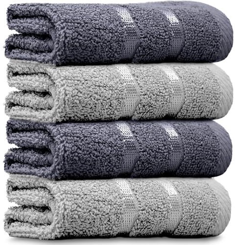 Towelogy® Luxury Egyptian Cotton Face Cloth Flannel Fingertip Towels Set 500 GSM Supersoft and Highly Absorbent Washcloths 30x30 cm (Pack 4, Grey/Silver)