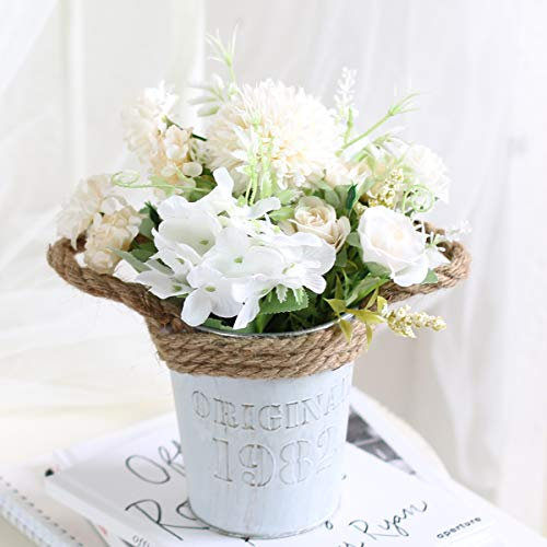 Leixi Artificial Hydrangea Flowers Plants With Pot, 11 × 20cm Fake Plants in Metal Pot, Silk Roses Flowers for House Office Desk Kitchen Table Windowsill Decoration, New House Gift (White)