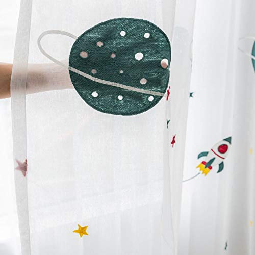 Lsimeru Planet Vorhang Kinderzimmer Junge Kräuselband Transparent Rakete Sterne Muster Gardinen Vorhänge Durchsichtig Kinder Dekoschal 140x160 Kurz für Fenster Schlafzimmer