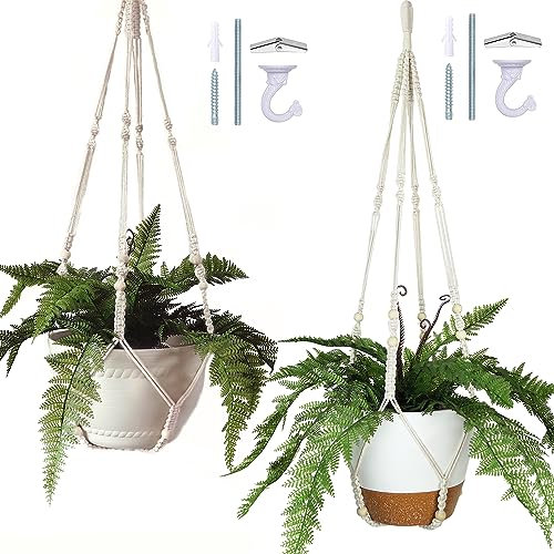 Bouqlife 43 Inches Macrame Plant Hangers Large for up to 12 inch Pot Extra Long with Heavy Duty Swag Hooks No Tassel Cotton Rope Hanging Plant Holders (Beige, 2 Pack)