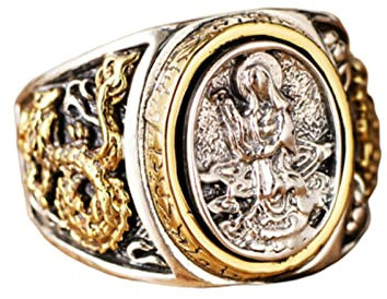 KnSam Herren Ring, Ring Herren hip hop Buddhistischer Ring graviert Guanyin und Drache 925 Silber Ring Gothic Punk Herren Ring echt Silber Silber