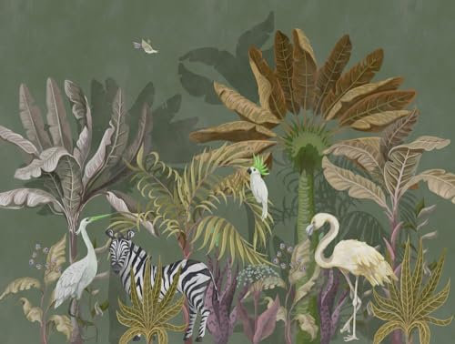 Livingwalls Vliestapete - Tapete Palmen Dschungel Tiere in Grün, Weiß und Schwarz - Wandtapete für verschiedene Räume - Wandbild XXL 3,71 m x 2,80 m