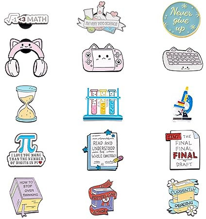 PandaHall Lot de 15 badges à épinglette en émail avec inscription « Word » - 15 styles : livre, stylo, microscope, tube à essai - Broches en alliage pour vêtements, sacs, vestes