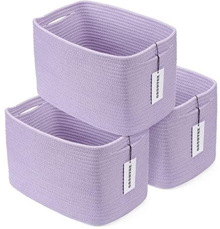 Cesta de almacenamiento rectangular, cuerda de algodón morado lavanda, cestas tejidas para organizar estanterías, ropa, juguetes, libros y toallas, organizador trenzado, set de 3