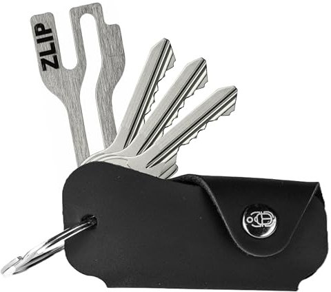 EL BICHO® Vigo I Leder Key-Organizer mit ZLIP® and Slide Einkaufswagenlöser aus Edelstahl, Schlüssel-Organizer für Schlüsselbund, Schlüsseltasche Organisator Etui für 1-6 Schlüssel (Black)
