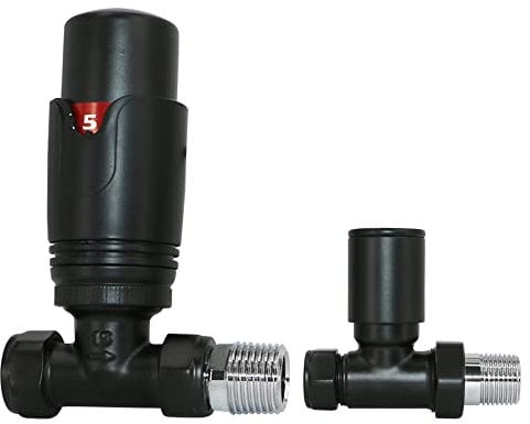 Warmehaus Thermostatic Radiator Valve 15mm Straight Radiator TRV + Lockshield for Heated Towel Rail Radiator Black