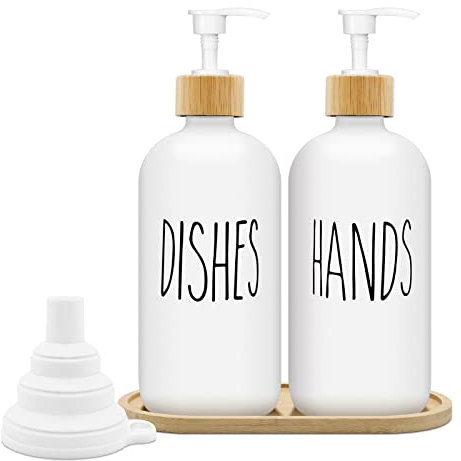 Mamiddle Dispensador de Jabón Blanco Mate Set 500ml Dosificador Jabon Baño de Vidrio con Bandeja Dispensador de Líquido para Lavavajillas Dispensador de Jabón para Cocina y Ducha (Blanco x 2)