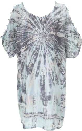 GURU SHOP Schulterfreies Batikdress, Cold Shoulder Tunika, Strandkleid | Luftig und leicht, aus 100 % Viskose, lockere Passform, einzigartiges Batikdesign, ideal für den Sommer.