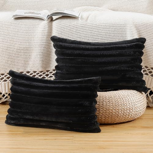 Madizz 2er Set Kunstpelz Plüsch Dekorative Kissenbezüge Flauschig Gestreifte Weich Dekorative Kissenbezug für Sofa Schlafzimmer Kissen Shell Schwarz 30 x 50 cm