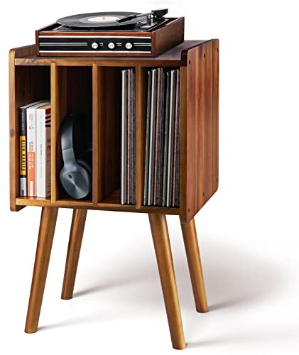 2BHOME Wooden LP Record Player Stand with 4 Cabinets, Holds up to 100 Vinyls, Metal Record Storage Holder and Organizer Table, Classical Design for Files/Book (Mid-Century Modern)