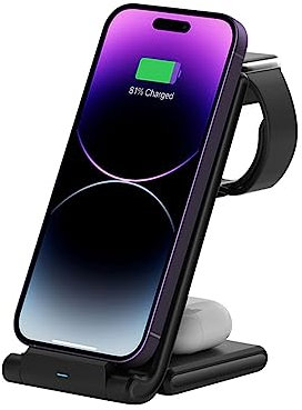 MMOBIEL Wireless Charger Compatible with iPhone, Apple Watch and AirPods - Foldable 3-in-1 Wireless Charging Station Compatible with Qi Magsafe - Charging Stand for Phone - Black