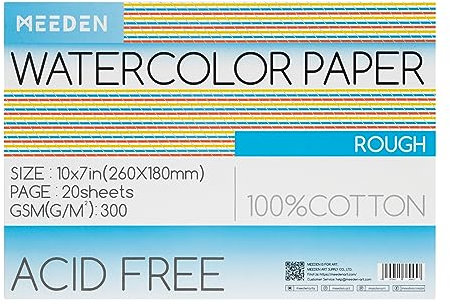 MEEDEN Aquarellpapierblock, 100% Baumwolle, Aquarellpapierblock mit 20 Blatt, 300 g/m², säurefreies Kunstpapier für Aquarell, Gouache, Tinte und mehr, 25,4 x 17,8 cm, grobe Körnung