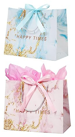 2 Stück 25× 20× 12cm Geschenktüten mit Schleifenbändern und Henkel, Papiertüten geschenktüten geburtstag, Geschenktasche für Geburtstag Hochzeit Feier Party Weihnachten(Rosa, Blau)