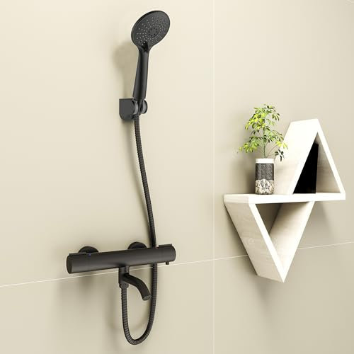 SKY BATHROOM Thermostatic Shower Mixer Valve, Wall Mounted Bath Shower Mixer Tap Valve with Temperature Control, Modern Matte Black Shower Bar Mixer with Bottom G 1/2, Anti Scald