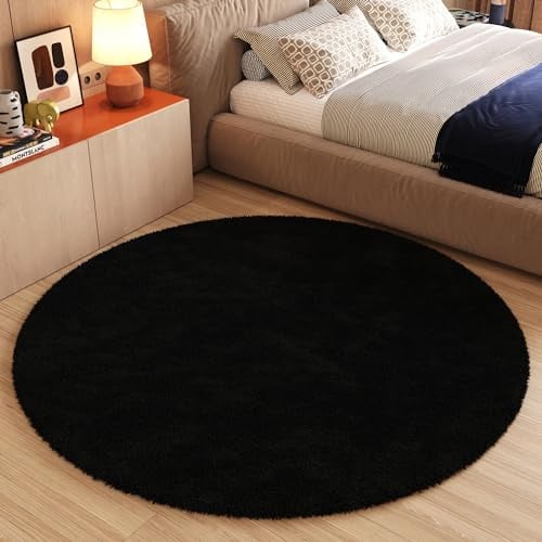 TAPISO Essence Teppich Rund Schwarz Hochflor Langflor Shaggy Einfarbig Felloptik Flauschig Schlafzimmer Wohnzimmer Kinderzimmer ÖKO-TEX 200 x 200 cm