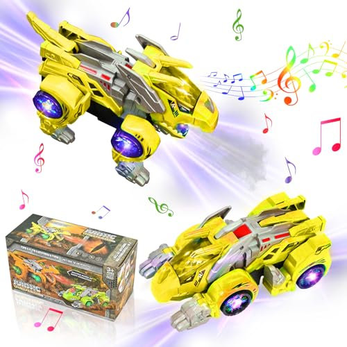KJIXYUNG Dinosaurier-Transformatorauto, automatisches Nebelspray, Dinosaurier-Transformatorauto mit Musik und LED-Licht,deformiertes Dinosaurier-Autospielzeug für Kinder (Gelb)