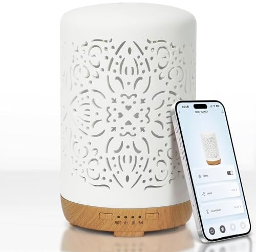 Earnest Living Smart WiFi Diffusor für ätherische Öle Keramik diffusor 250 ml mit Alexa Google Home App Telefonsteuerung LED und automatischer Abschaltung Büro-Luftbefeuchter Aromatherapie Weiß