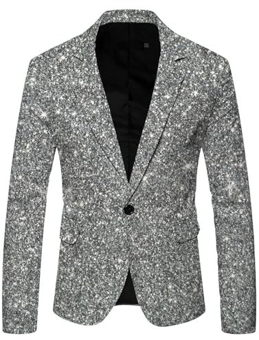 Glitzer Anzug Herren Regular Fit -Pailletten Blazer Langarm Sakko Glänzende Anzugjacket Festlich Mantel Sequins Paillettenanzüge Männer Goldener Anzugjacken für Party Karneval Kostüm
